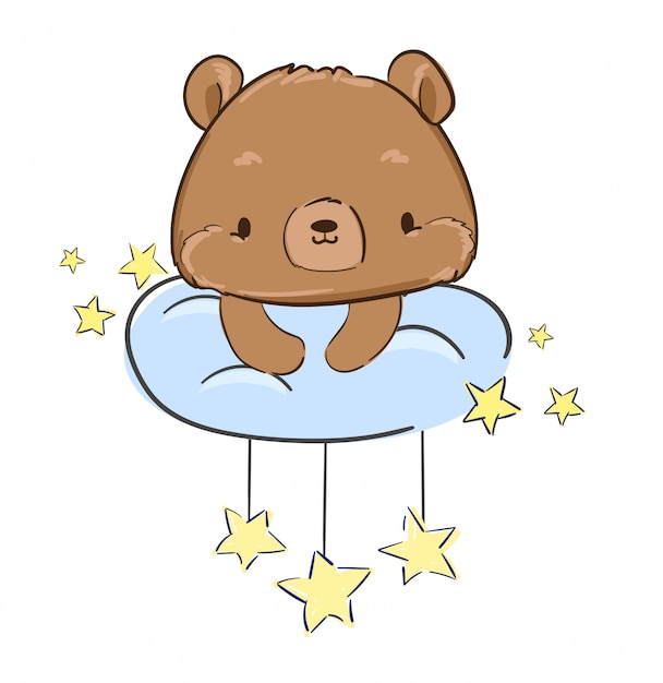 Premium Vector | Сute teddy bear is sitting on a cloud and stars ...