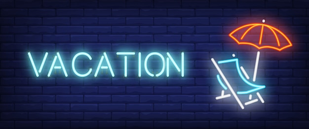 Vacation neon text with chaise longue and
umbrella