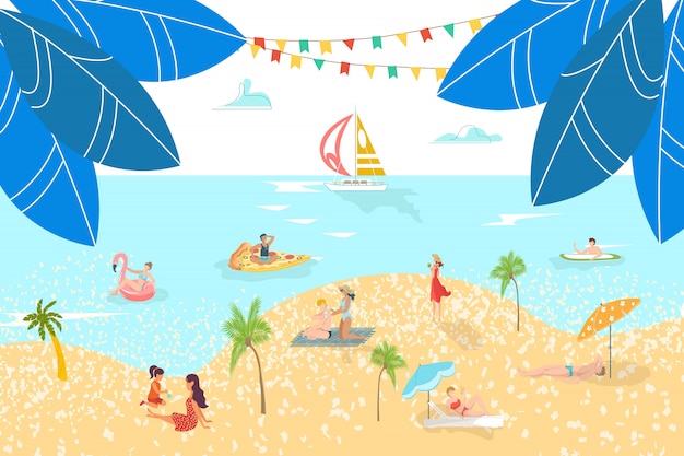 海のビーチで行楽客は 日光浴 砂の上でサーフィンセーリング 休暇水リゾートイラストを休憩します プレミアムベクター