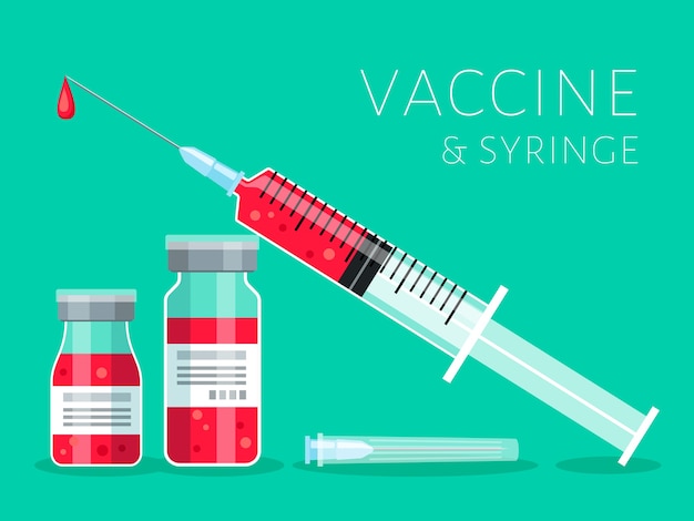 ワクチンと注射器のイラスト バイアル内の注射と赤い液体 ヘルスケアと免疫保護の概念 プレミアムベクター