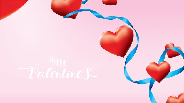 Valentine 3d colorful red romantic hearts shape flying and floating blue silk ribbon Premium Vector