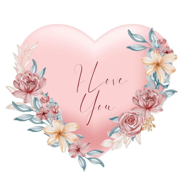 Free Vector Valentine Peach Heart Shape I Love You Words With Watercolor Flower And Leaves