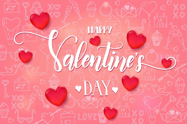 Download Premium Vector Valentine S Day Background With 3d Red Heart And Frame On Pink Pattern