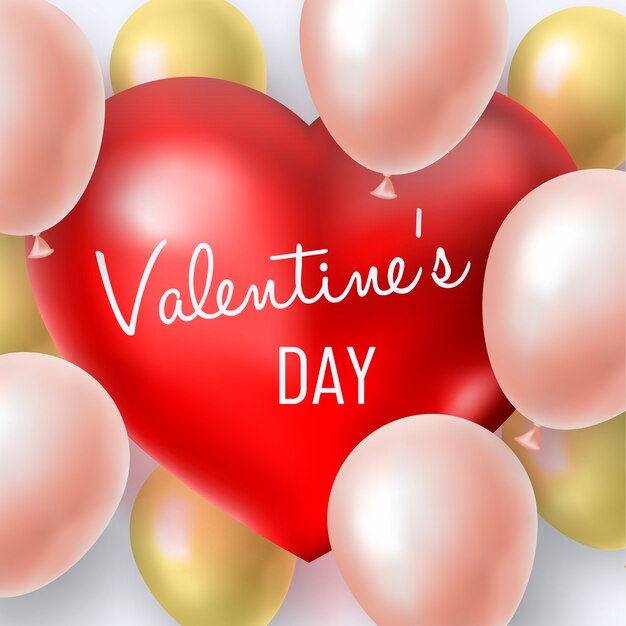 Valentine's day background with pink and golden inflatable balls around a red big heart Premium Vector