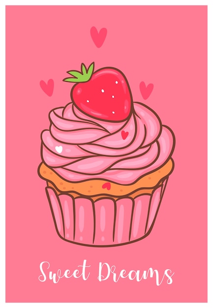 いちごのカップケーキとバレンタインデーのカード プレミアムベクター