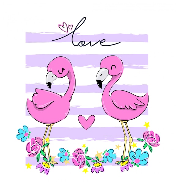 バレンタインのグリーティングカード ハートのイラストがピンクのフラミンゴのペア プレミアムベクター