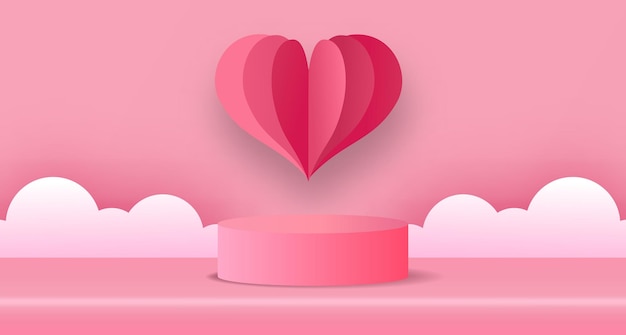 3dシリンダーと柔らかいピンクのパステル背景のハート型の紙カットスタイルのバレンタインデーのグリーティングカード プレミアムベクター