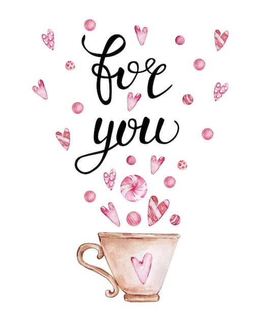 手書きのグリーティングレターと装飾的な水彩イラストが付いたバレンタインデーのグリーティングカード あなたのために カップ お菓子 そしてハート プレミアムベクター