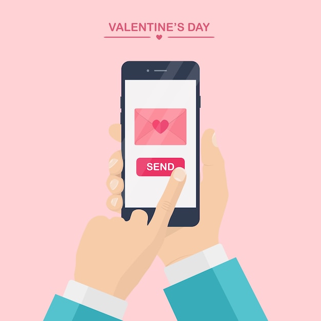 バレンタインデーのイラスト 携帯電話で愛のsms 手紙 メールを送受信します 人間の手はピンクの背景に携帯電話を保持します 赤いハートの封筒 アイコン プレミアムベクター