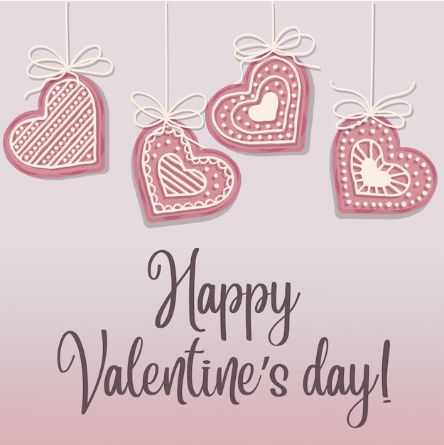 ピンクのハートクッキーとバレンタインの日のポスター プレミアムベクター