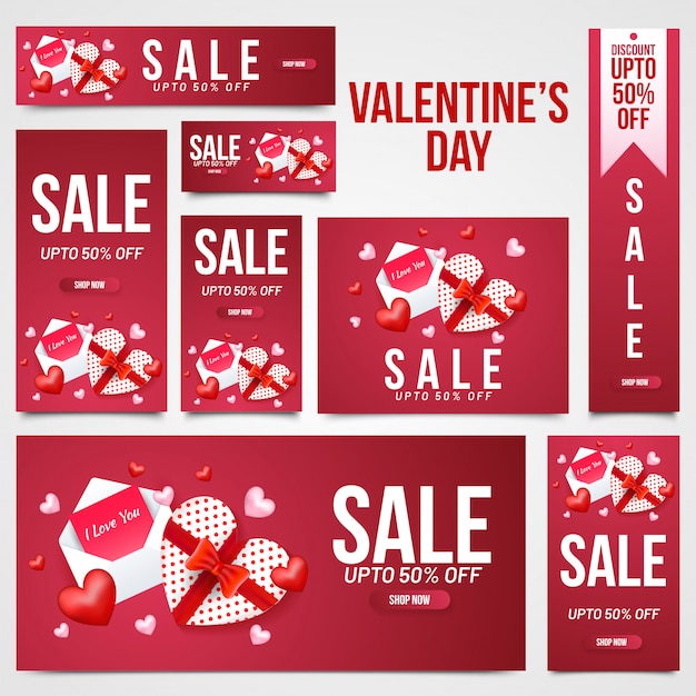 Valentine's day sale header, banner and template set with illust Premium Vector
