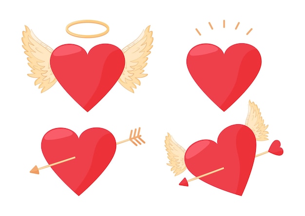 バレンタインセット ハート 翼の天使 矢のピアスハート 休日のイラスト プレミアムベクター