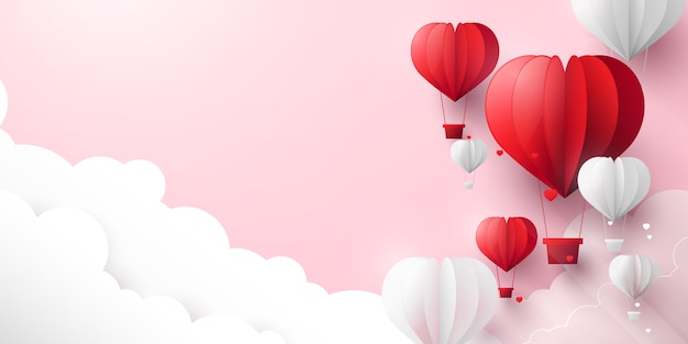 バレンタインの日とパステルカラーの背景。赤と白のハート形の空を飛んでいる風船。ペーパーアート | プレミアムベクター