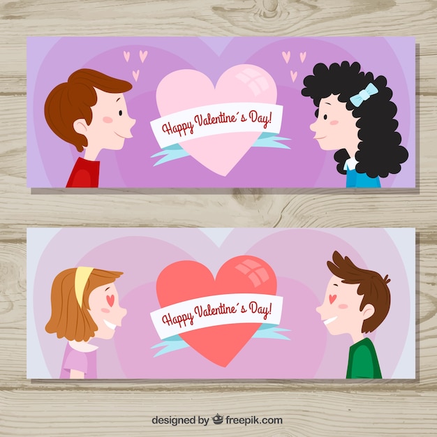 Valentines day banners with couples looking at\
each other