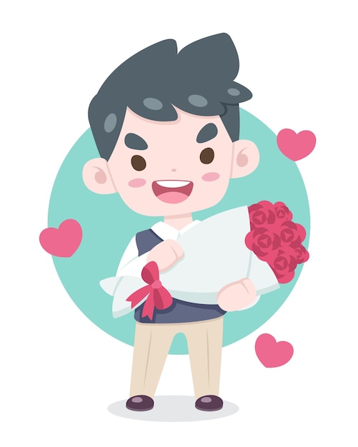 バレンタインデー バラの花束の漫画イラストを保持している男を赤面して恋に落ちるかわいいスタイル 彼の周りに浮かぶ心 プレミアムベクター