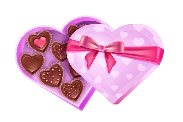 バレンタインデーの愛の休日は チョコレート菓子 リボン 弓でハート型のピンクのボックスを開きました ロマンチックなデザートサプライズイラスト 白い背景で隔離の休日プレゼントチョコレート菓子 プレミアムベクター