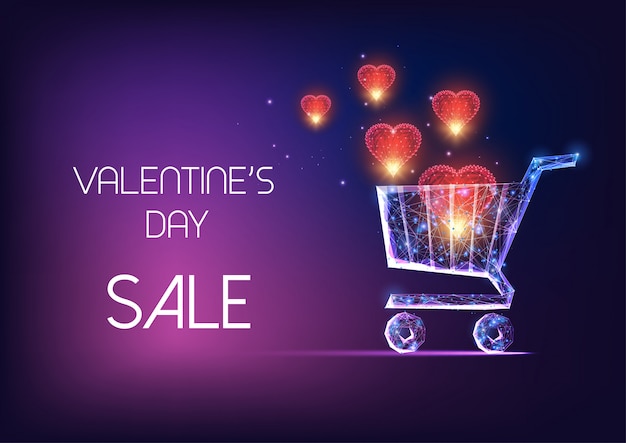 Valentines day sale banner with glowing low polygonal shopping cart and red flying hearts Premium Ve