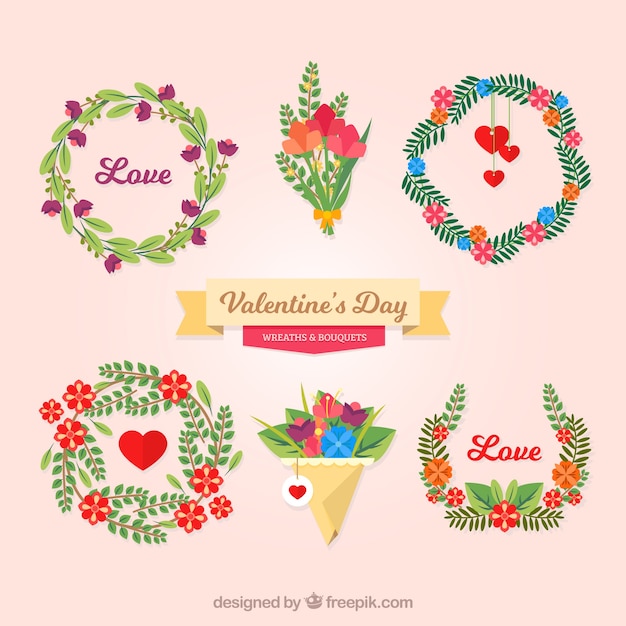 Free Vector | Valentines day wreath and bouquet set