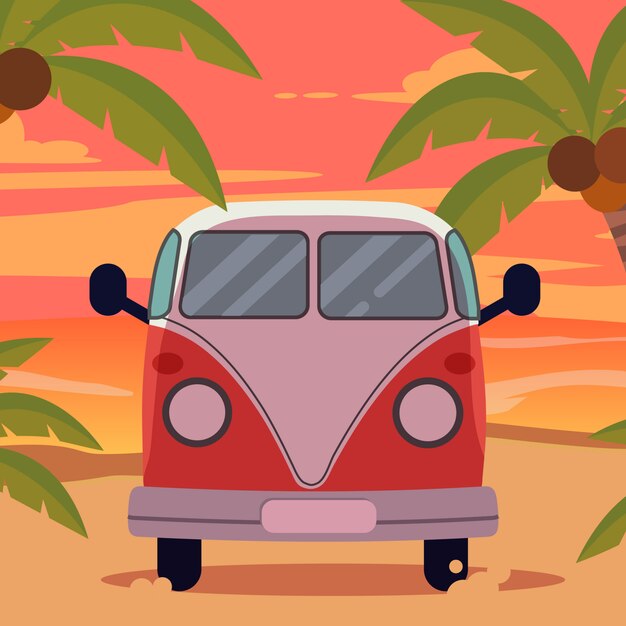 Van On The Beach With Sunset In Summer Theme 