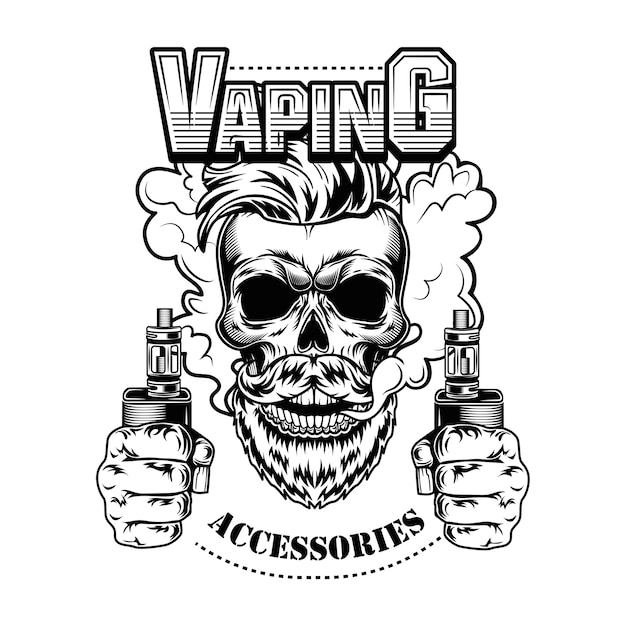 Vapingアクセサリーベクトルイラスト 電子タバコと蒸気で流行の流行に敏感なひげを生やした頭蓋骨 無料のベクター