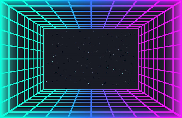 プレミアムベクター Vaporwaveレトロな未来的な背景 グロー効果を持つネオン色の抽象的なレーザーグリッドトンネル 星と夜空 サイバーパンク パーティー 音楽ポスター ハッカソン会議の壁紙