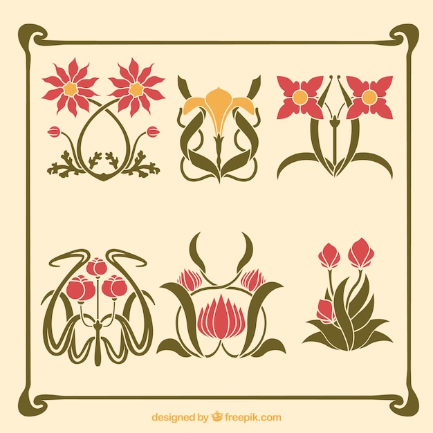 Free Vector Variety Of Artistic Flowers In Art Nouveau Style