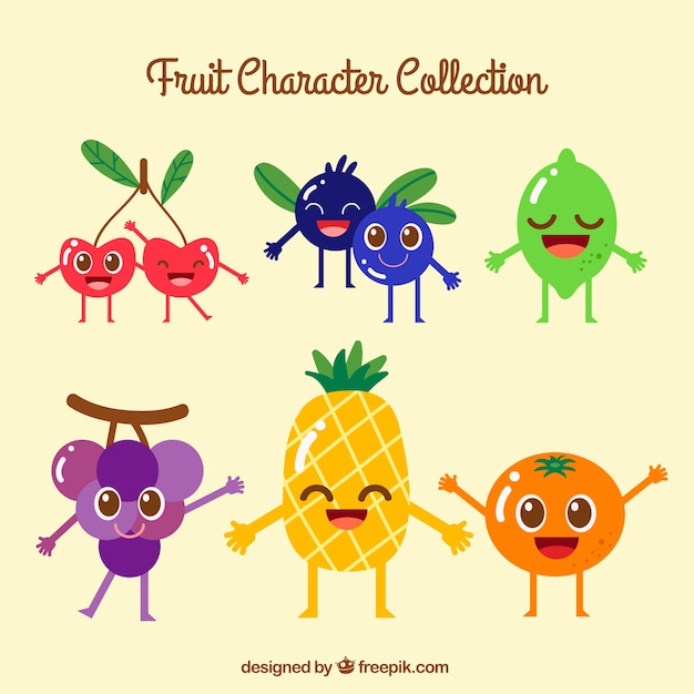 Free Vector | Variety of colored fruit characters smiling