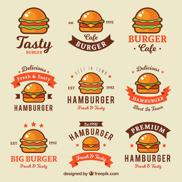 Download Free Download This Free Vector Variety Of Flat Logos With Colored Burgers Use our free logo maker to create a logo and build your brand. Put your logo on business cards, promotional products, or your website for brand visibility.