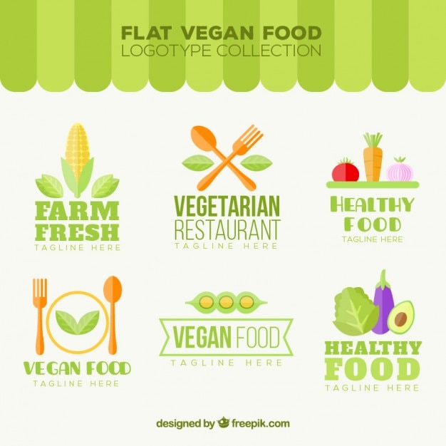 Variety Of Flat Vegan Food Logos Free Vector