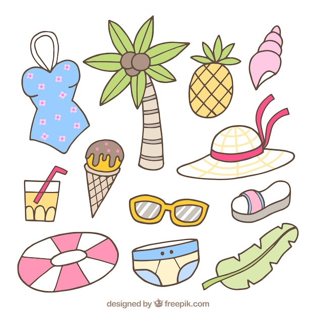 Download Variety of hand-drawn summer items in pastel colors Vector ...
