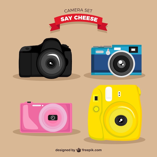 Variety of colorful retro cameras