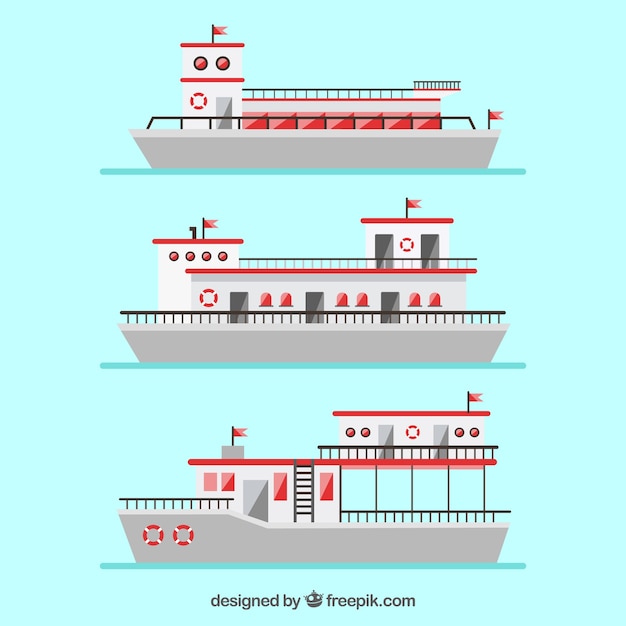Variety of flat boats with red elements