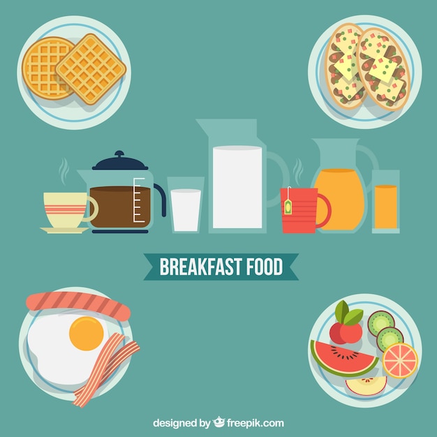 Variety of food for breakfast in flat\
design