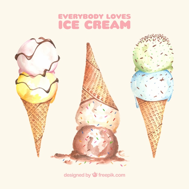 Variety of ice cream cones in watercolor\
style