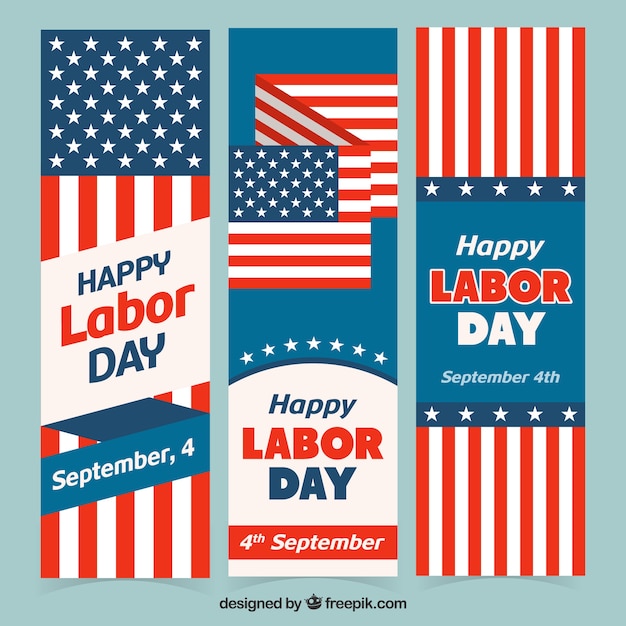 Variety of labor day banners with american\
flag