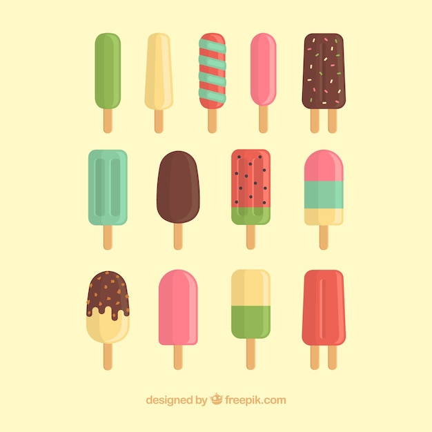 Variety of refreshing ice creams in flat\
design