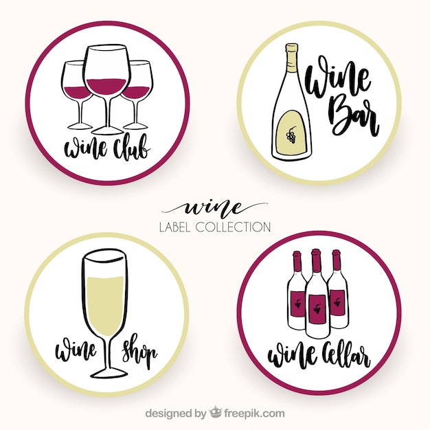 Variety of round wine stickers in hand-drawn
style