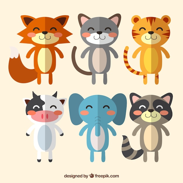 Variety of smiley animals with flat
design