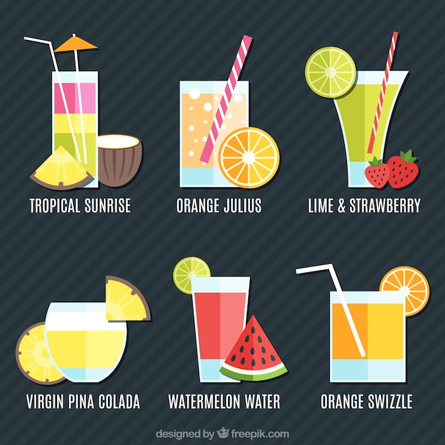 Variety of summer fruit juices in flat
design