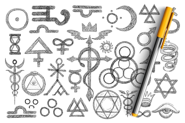 Premium Vector | Various alchemical symbols doodle set. collection of ...