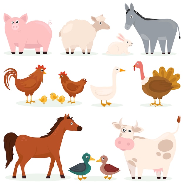 Premium Vector | Various animals pets farm flat set of cartoon characters