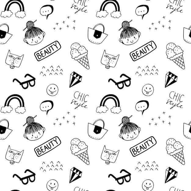 Various cute things doodle seamless background | Premium Vector