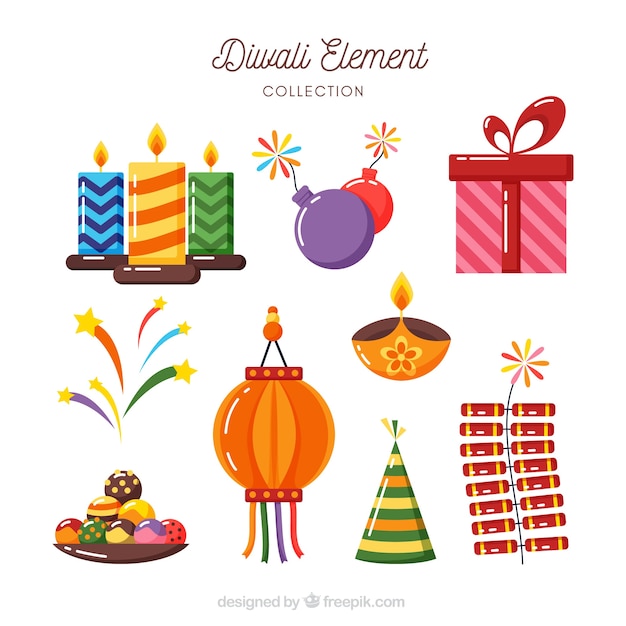 Various diwali elements in flat design | Free Vector