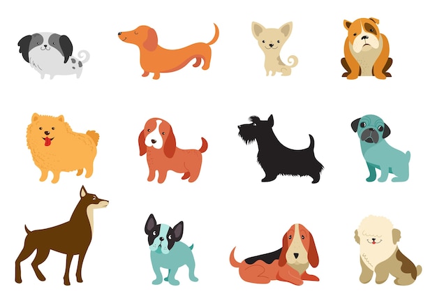 さまざまな犬 ベクトルイラストのコレクション 面白い漫画 さまざまな犬種 フラットスタイル プレミアムベクター