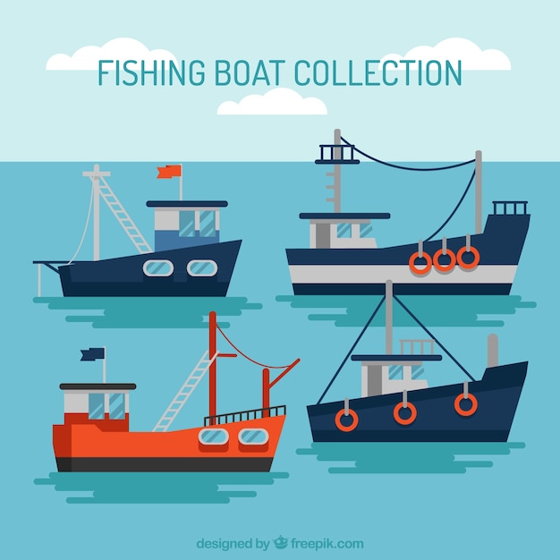 Various fishing boats in flat design