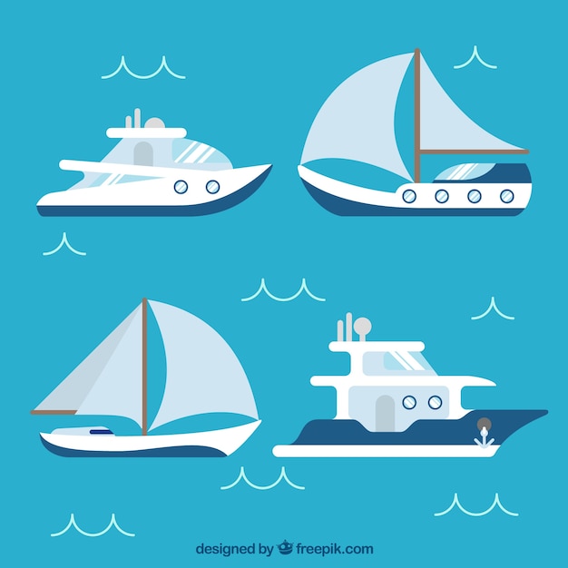 Various flat boats with blue elements