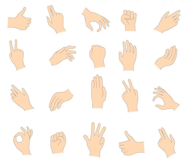 白い背景に分離された人間の手の様々なジェスチャー さまざまなジェスチャーを示す手のひらのセット 手のひらが何かを指しています 女性と男性の手のイラスト プレミアムベクター