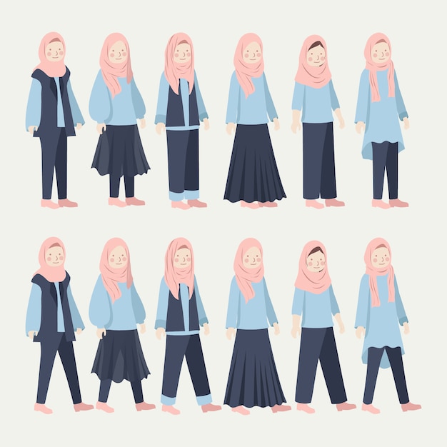 Various hijab girl casual daily outfit illustration set Premium Vector