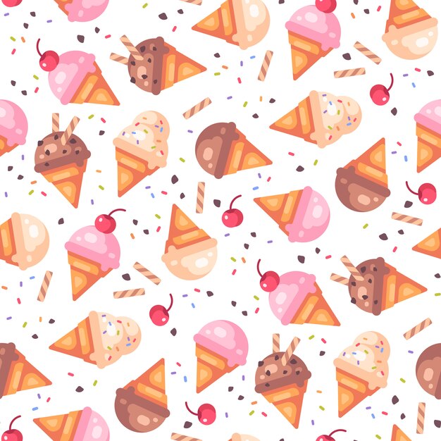 Premium vector various ice cream cones seamless pattern