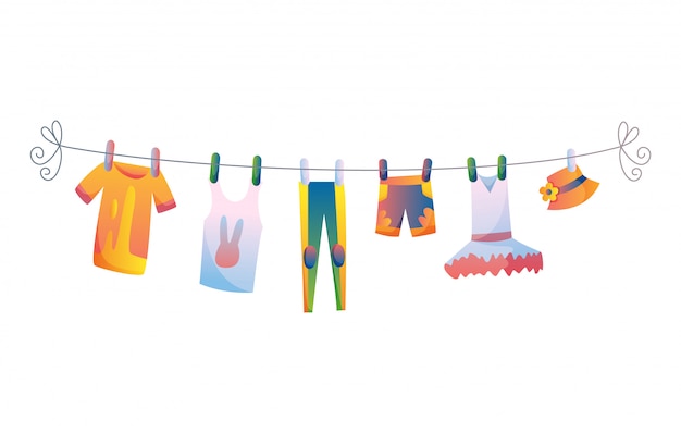 Premium Vector | Various items of baby clothes on rope isolated ...